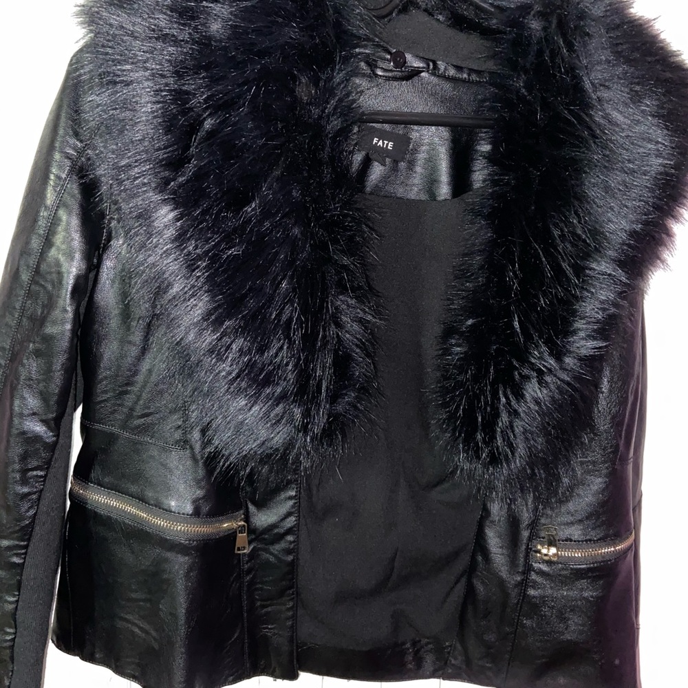 Faux leather jacket with fur collar